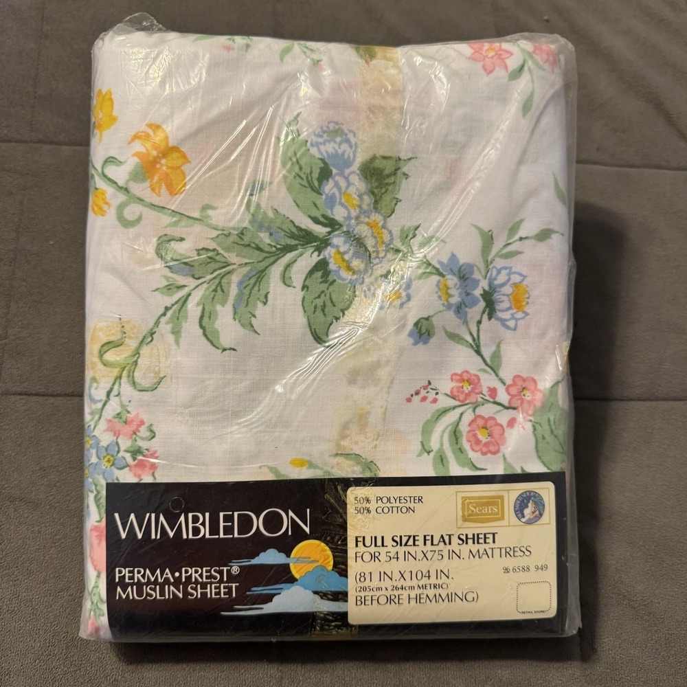 Vintage Sears Wimbledon Floral Full Size Flat Sheet Perma Prest Muslin Unopened